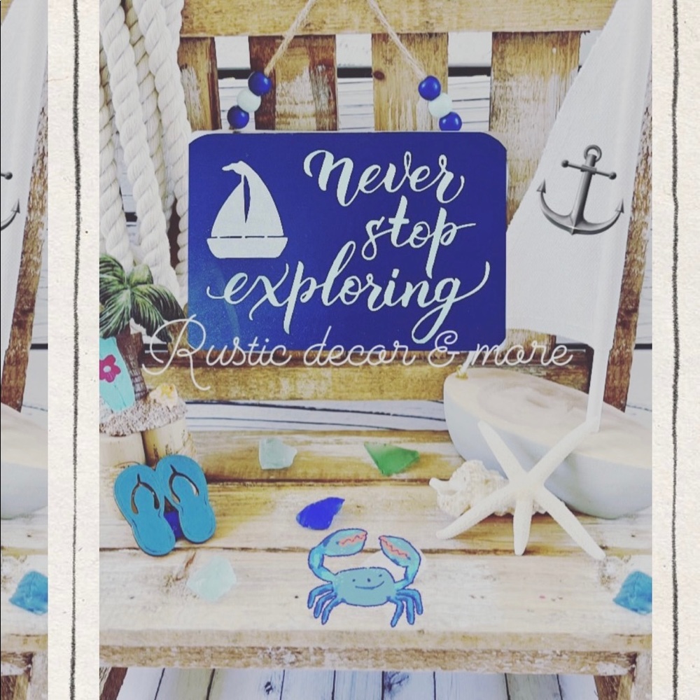 Coastal Mini Beach Sign “ Never Stop Exploring ” Waves Beaded Tiered Tray Decor
